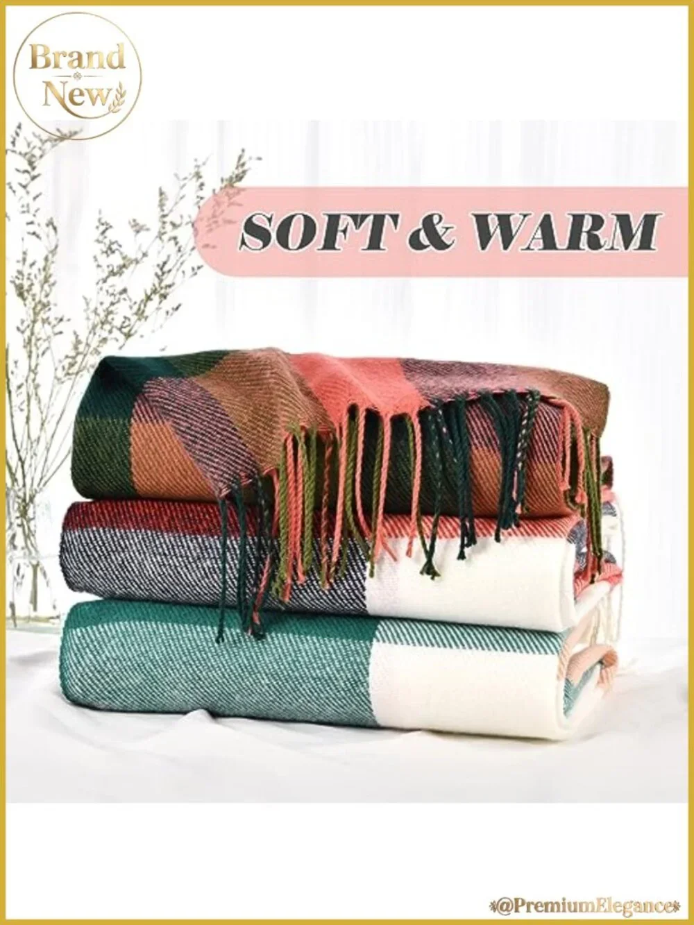Oversized Plaid Winter Scarf Soft Warm Shawl Wrap Tassel Trim Women